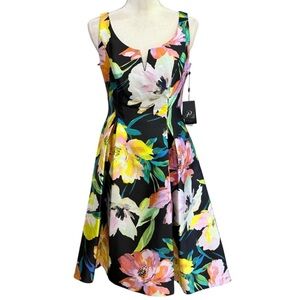 Adrianna Papell Women's SZ 4 Black Mikado Floral Notched Neck Sleeveless Dress